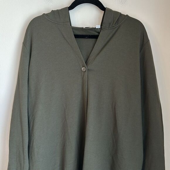 J. JILL WOMEN LONG HOODED POCKET OLIVE GREEN CAPE ROBE JACKET XL EUC PIMA COTTON - Picture 2 of 11